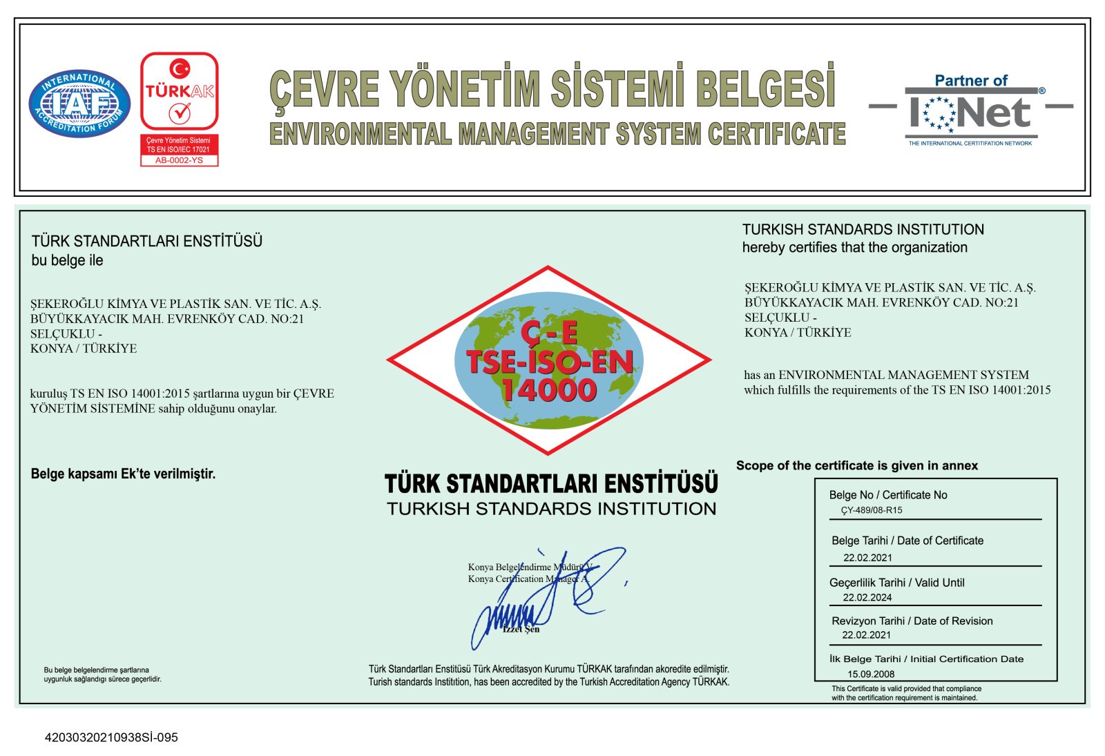 ŞEKEROĞLU · TSE · Çevre Yönetimi