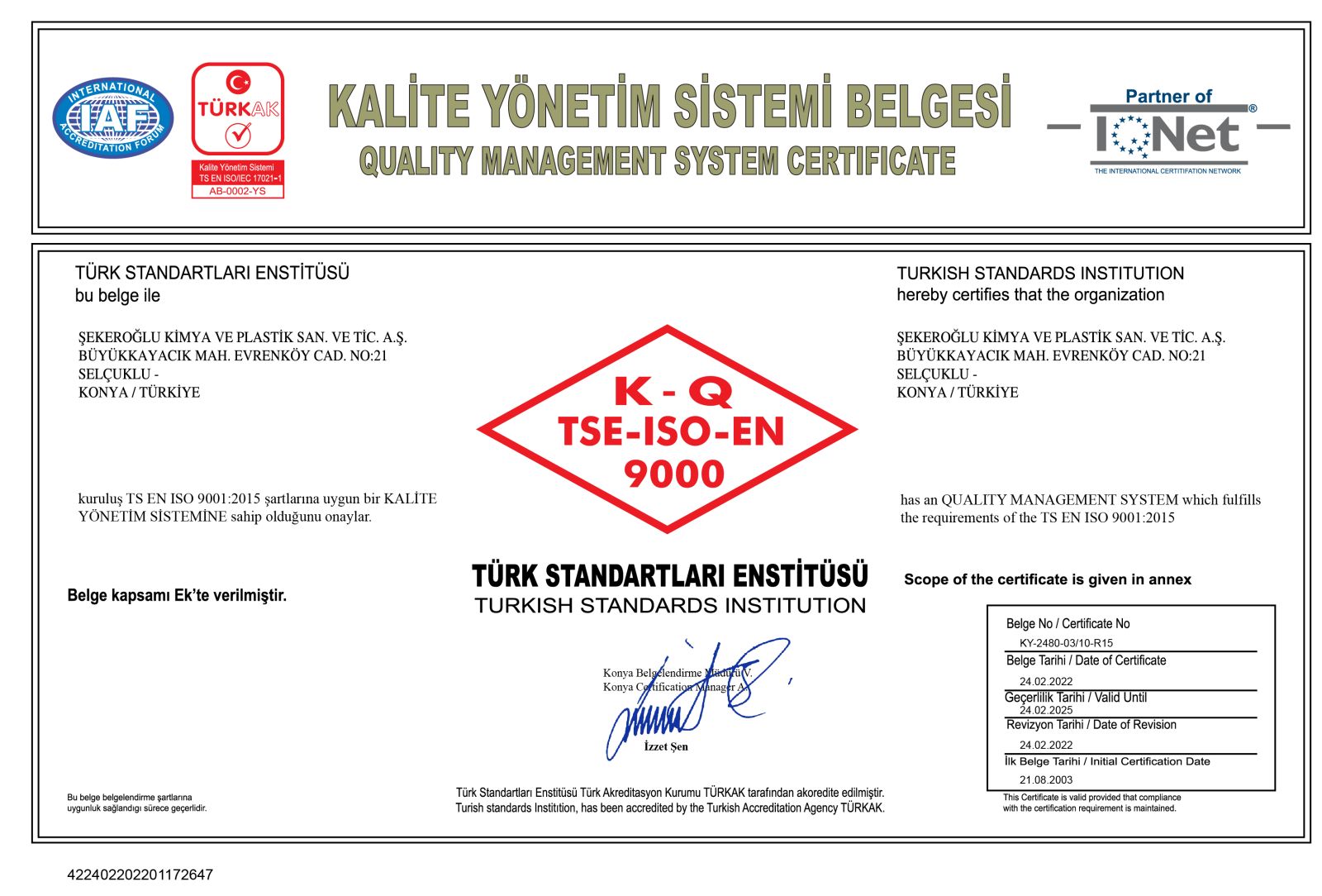 ŞEKEROĞLU · TSE · Kalite Yönetimi